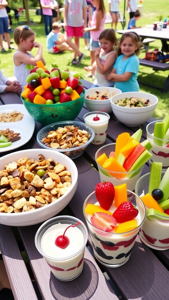 Colorful 4-H snacks including fruit kabobs, trail mix, veggie cups, and yogurt parfaits on a picnic table.